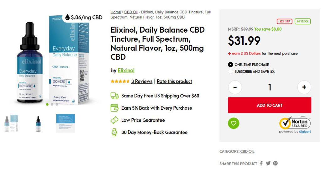 Elixinol, Daily Balance CBD Tincture, Full Spectrum, Natural Flavor, 1oz, 500mg CBD