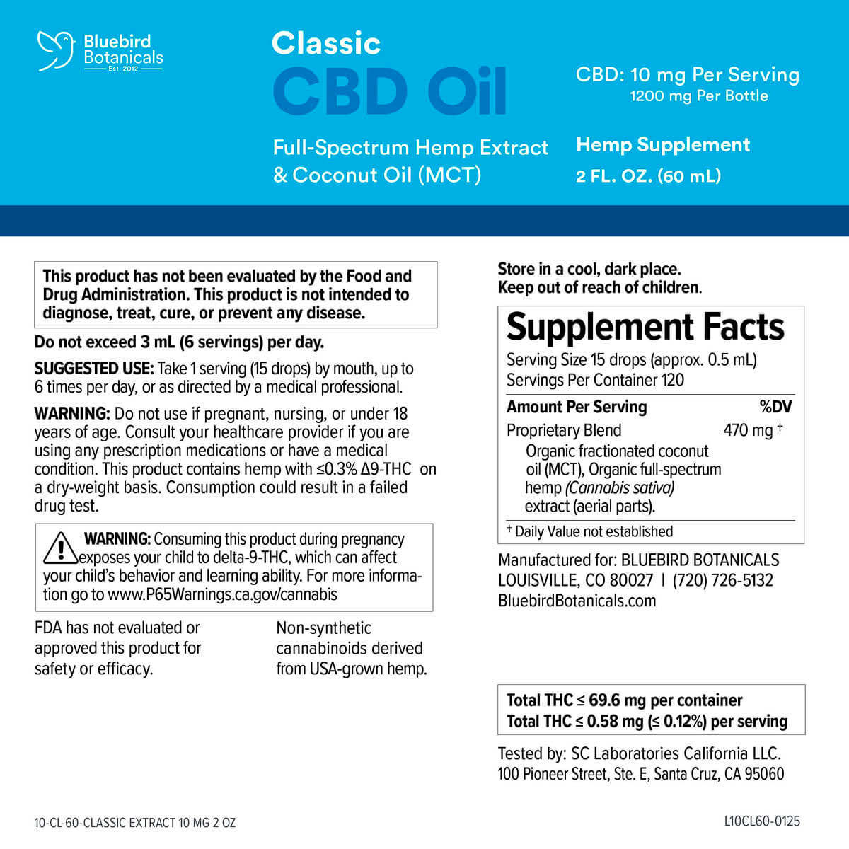 Bluebird Botanicals, Classic CBD Oil 10mg, Full Spectrum, Natural Flavor, 2fl oz, 1200mg CBD