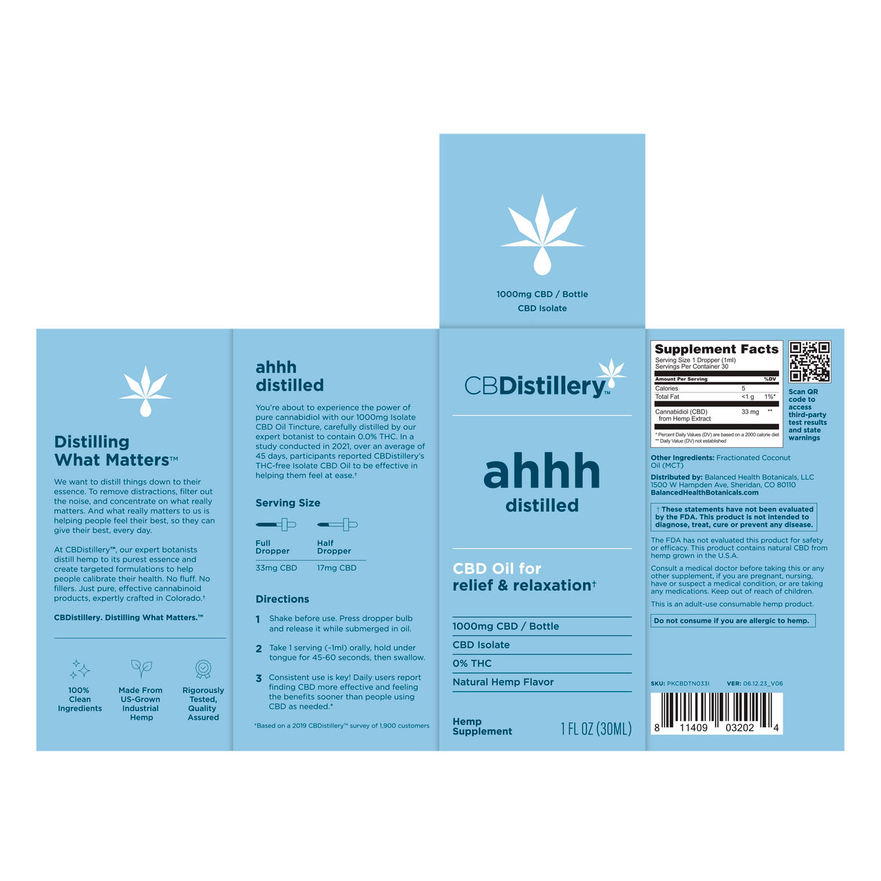 CBDistillery, Ahhh Distilled CBD Oil For Relief & Relaxation, Isolate THC-Free, 1oz, 1000mg CBD