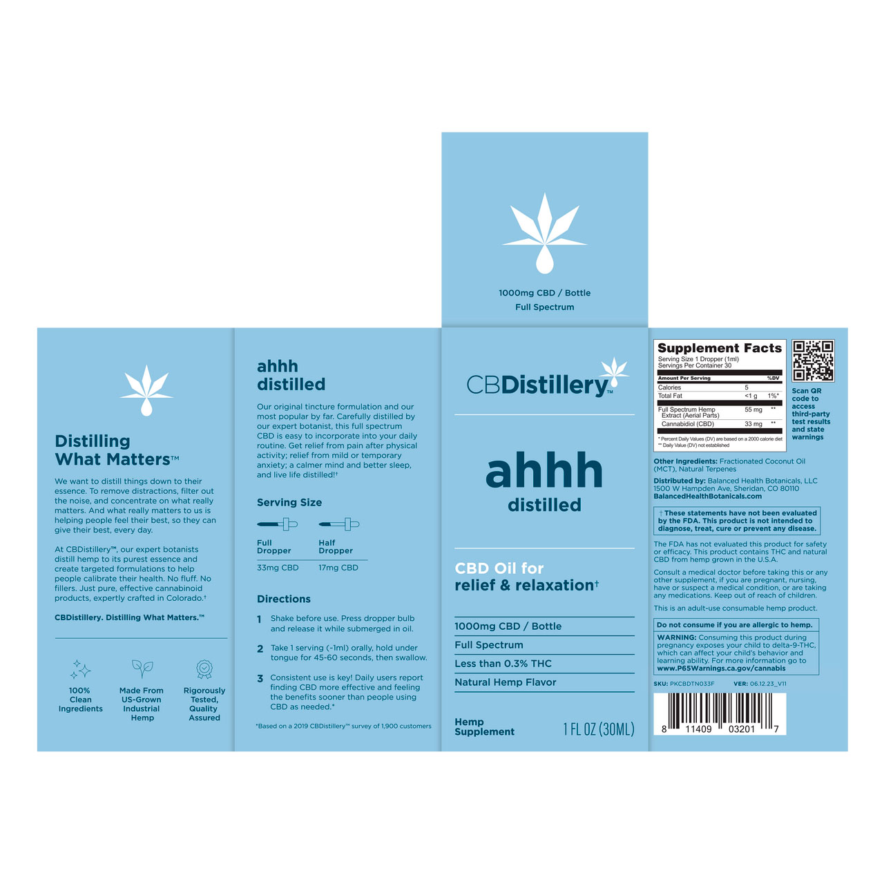 CBDistillery, Ahhh Distilled CBD Oil For Relief & Relaxation, Full Spectrum, 1oz, 1000mg CBD