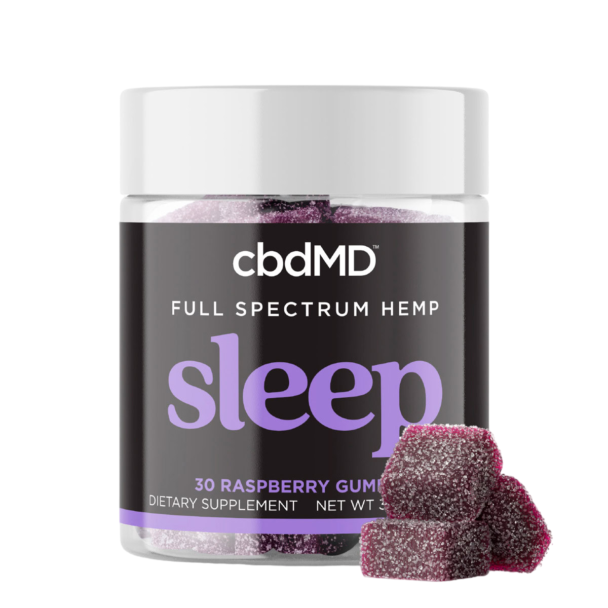 cbdMD, Sleep CBD Gummies, Raspberry, Full Spectrum, 30ct, 90mg THC + 600mg CBN + 1500mg CBD