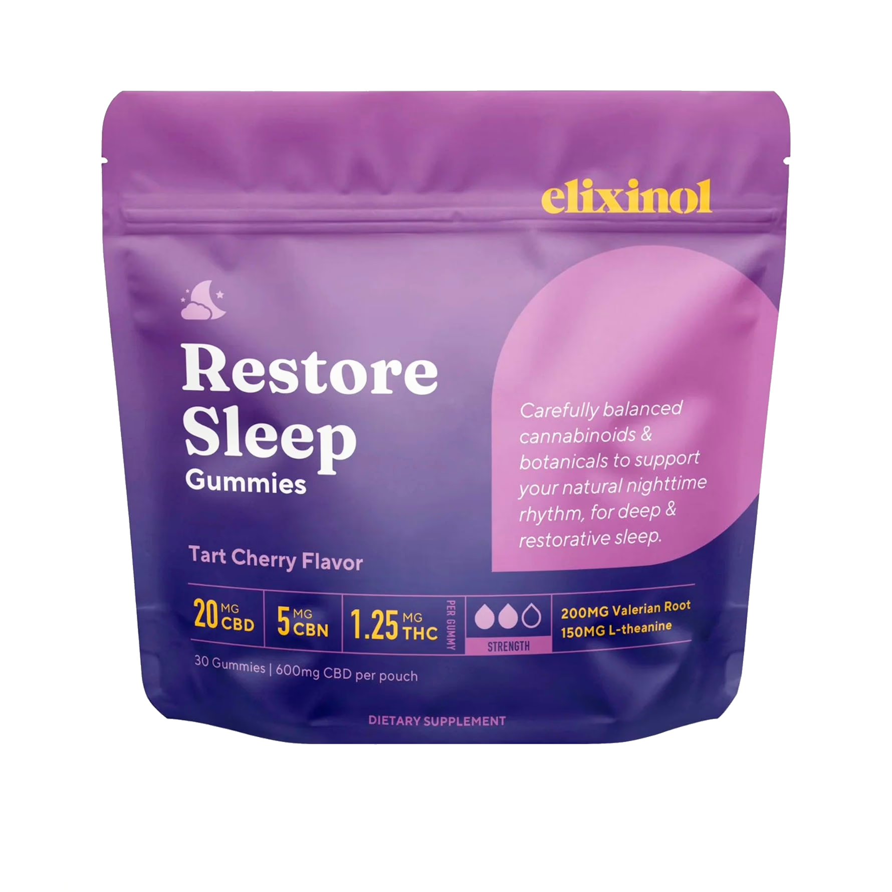Elixinol, Restore Sleep THC + CBN + CBD Gummies, Tart Cherry, Full Spectrum, 30ct, 45mg THC + 150mg CBN + 600mg CBD