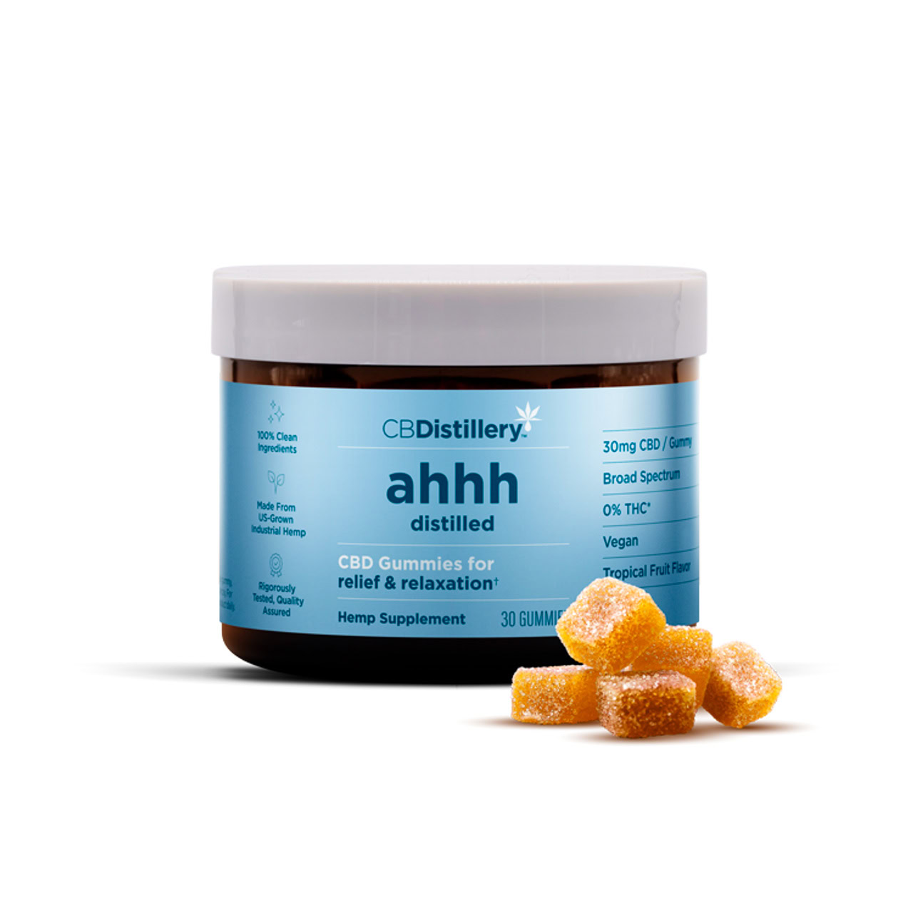 CBDistillery, Ahhh Distilled CBD Gummies for Relief & Relaxation, Broad Spectrum THC-Free, Tropical Fruit, 30ct, 900mg CBD