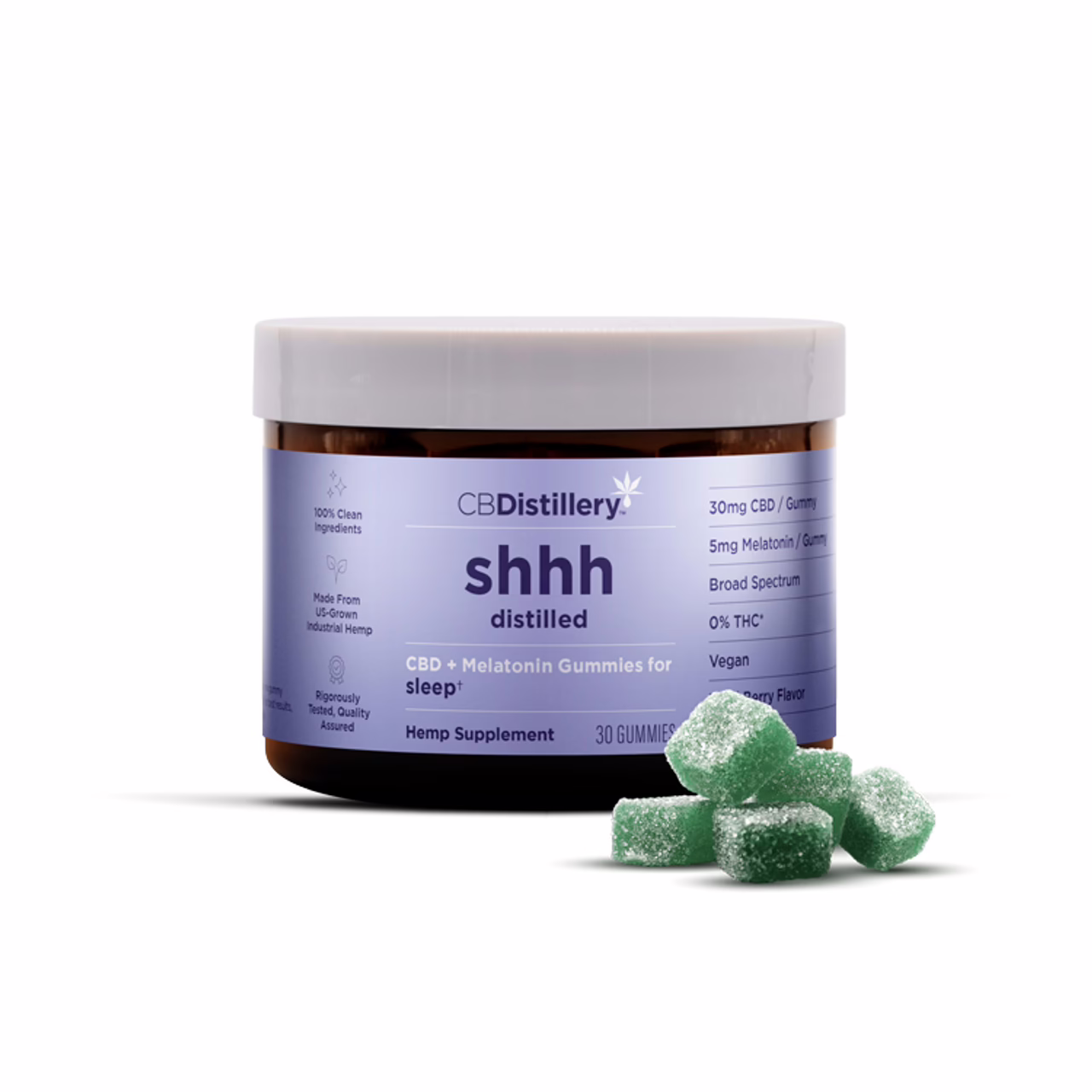 CBDistillery, Shhh Distilled CBD Gummies + Melatonin for Sleep, Wild Berry, Broad Spectrum THC-Free, 30ct, 900mg CBD