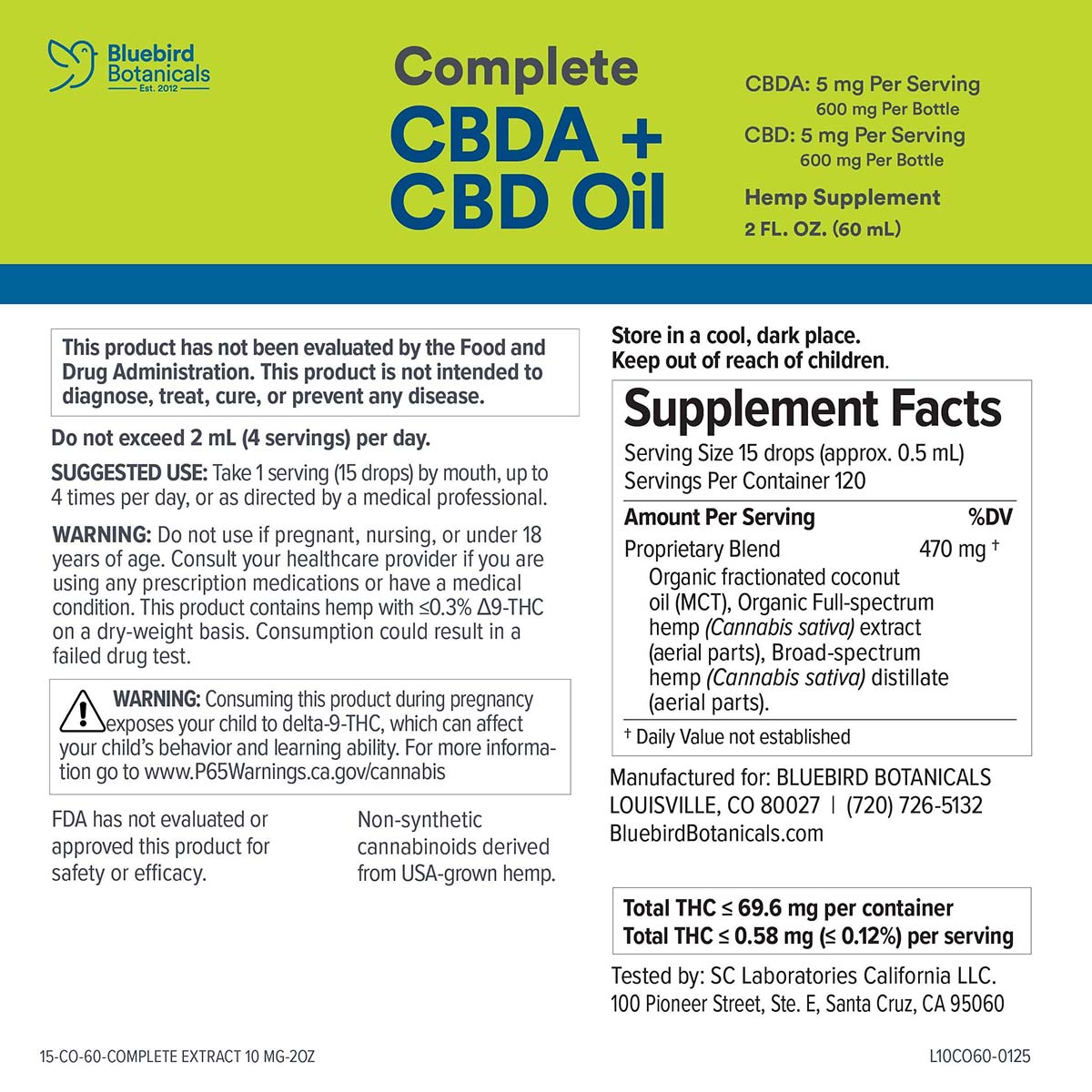 Bluebird Botanicals, Complete CBD + CBDA Oil, Full Spectrum, 2fl oz, 1200mg CBD