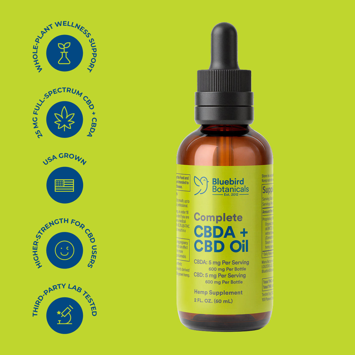 Bluebird Botanicals, Complete CBD + CBDA Oil, Full Spectrum, 2fl oz, 1200mg CBD