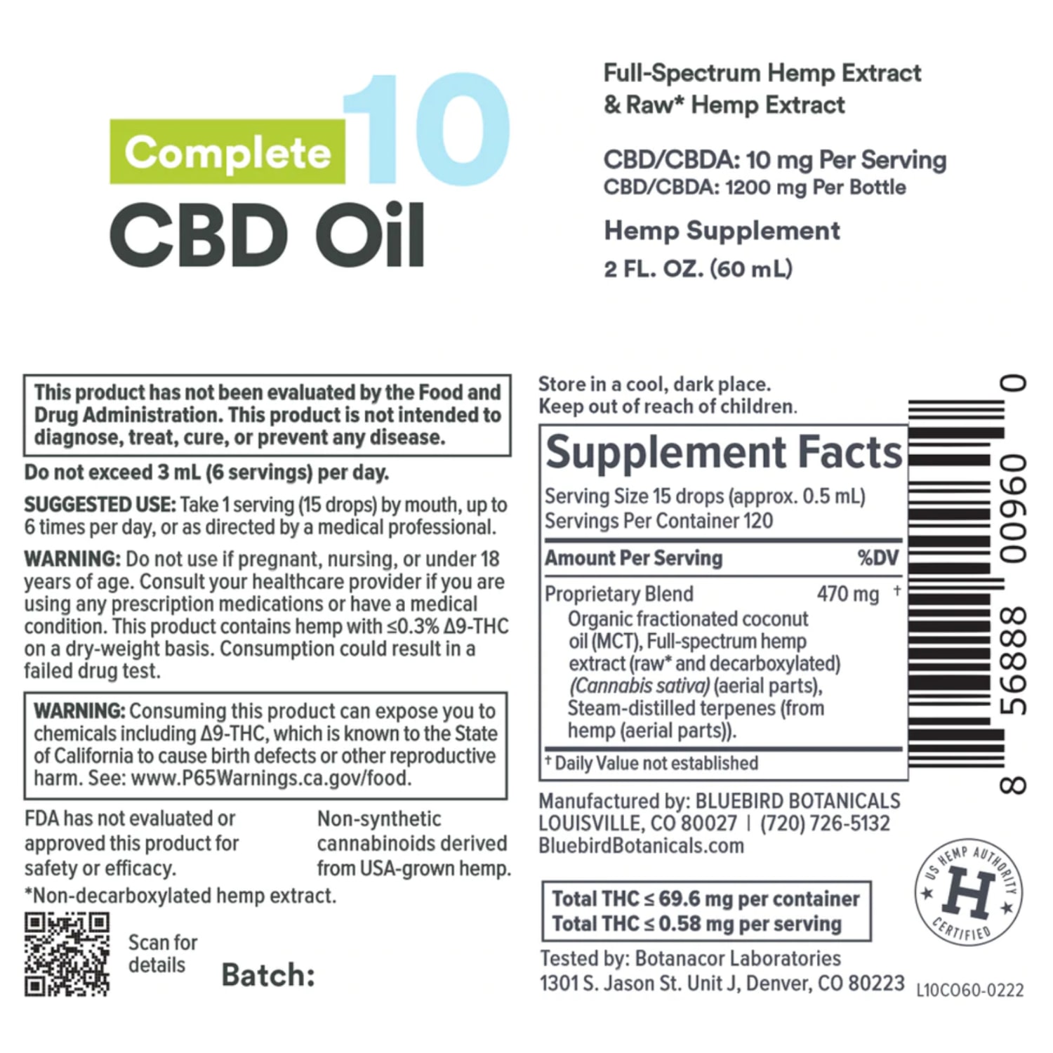 Bluebird Botanicals, Complete CBD + CBDA Oil, Full Spectrum, 2fl Oz ...