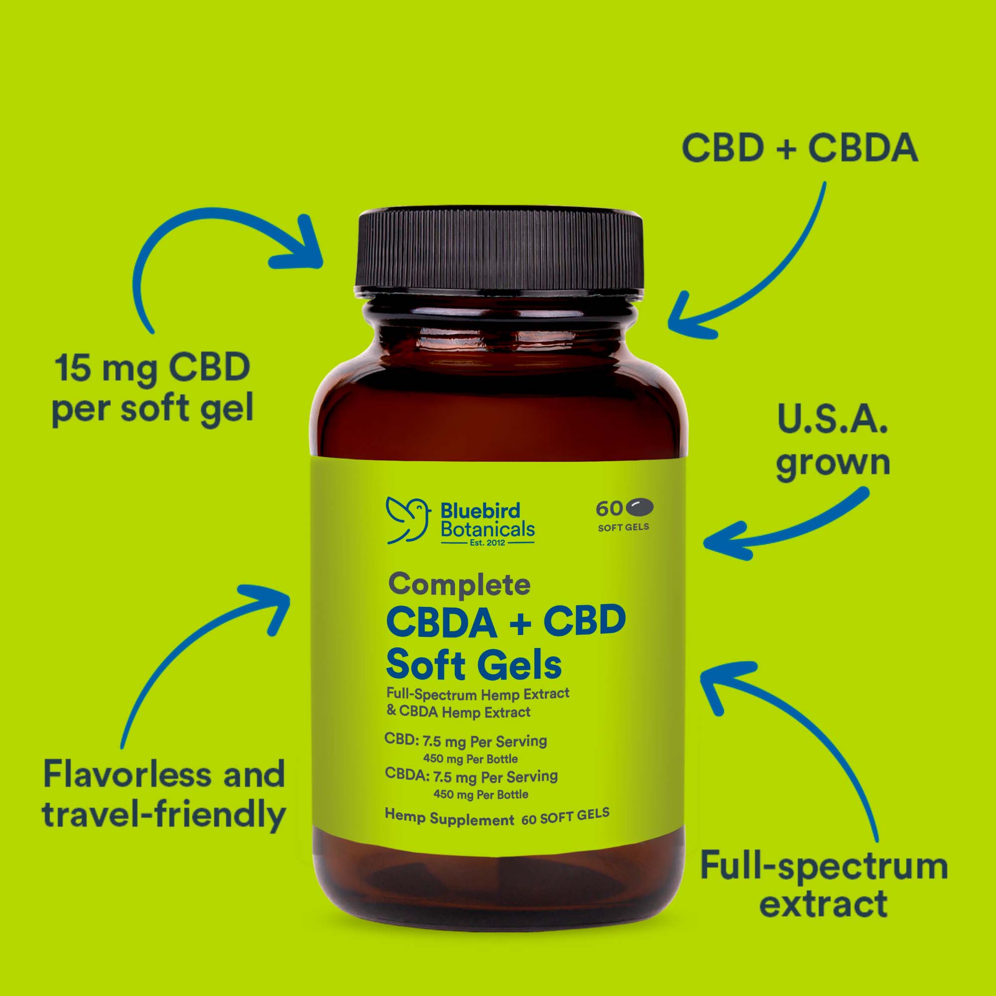 Bluebird Botanicals, Complete CBD + CBDA Oil Softgels, Full Spectrum, 60ct, 450mg CBDA + 450mg CBD