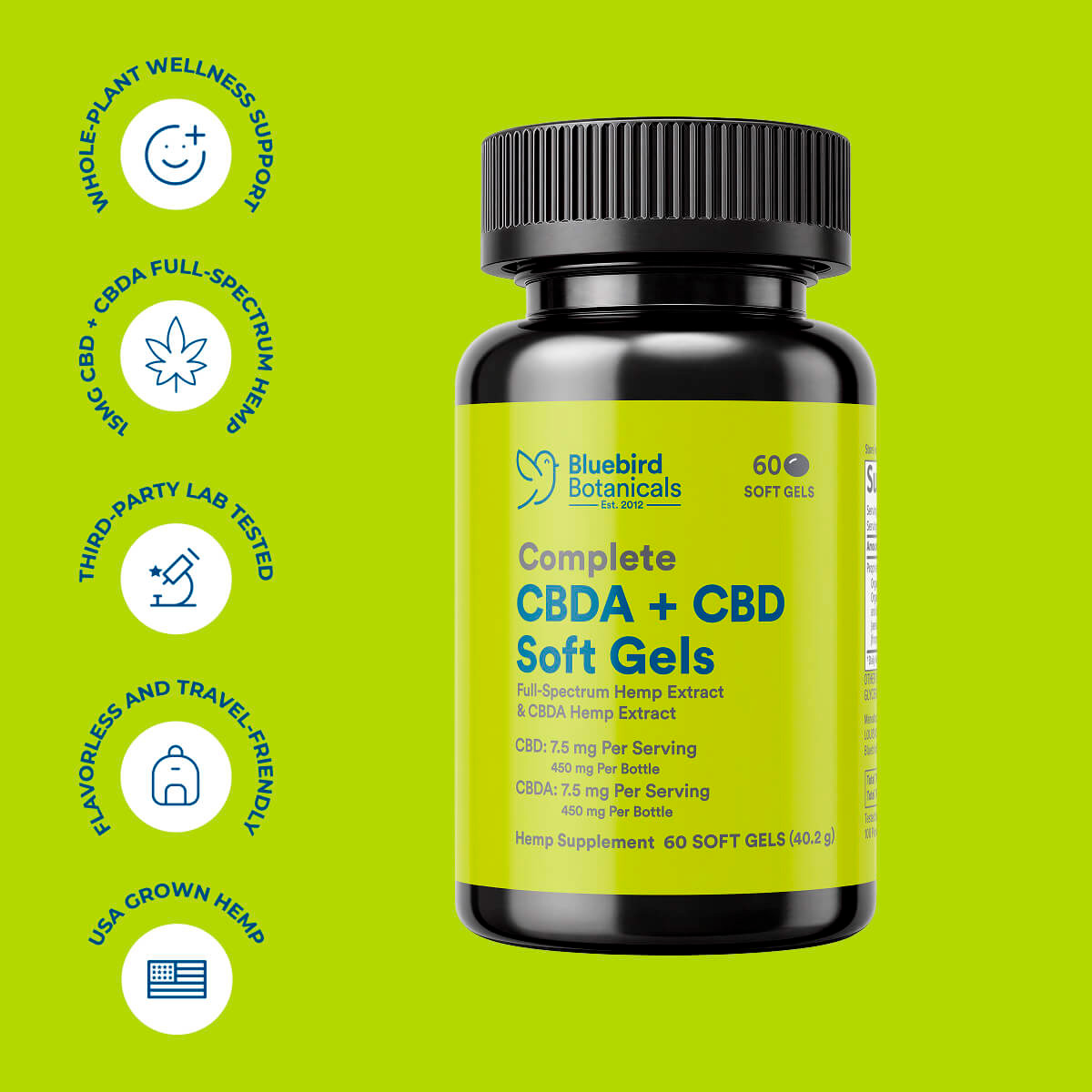 Bluebird Botanicals, Complete CBD + CBDA Oil Softgels, Full Spectrum, 60ct, 450mg CBDA + 450mg CBD