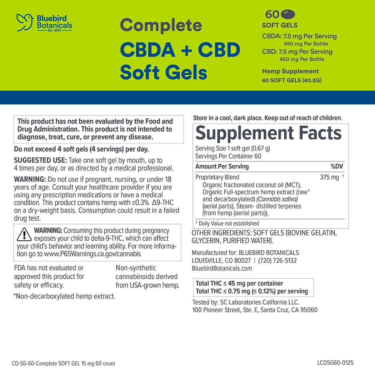 Bluebird Botanicals, Complete CBD + CBDA Oil Softgels, Full Spectrum, 60ct, 450mg CBDA + 450mg CBD
