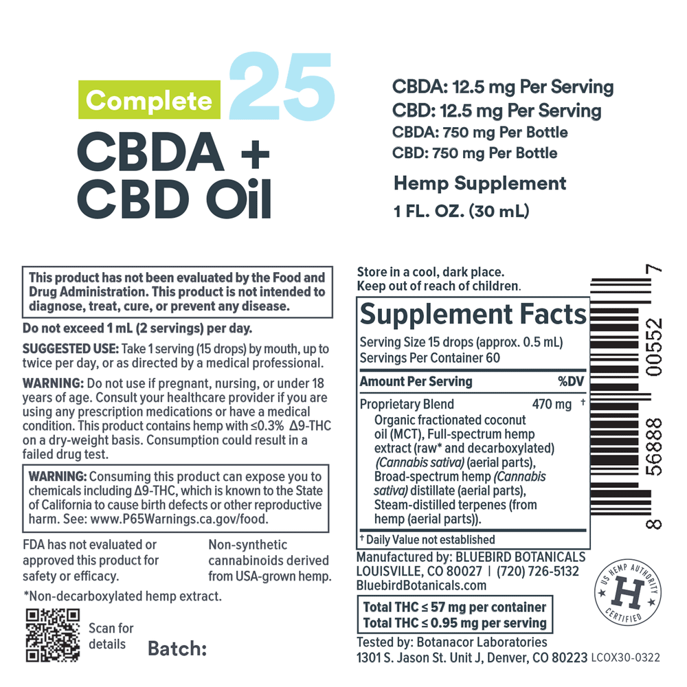 Bluebird Botanicals, Extra Strength Complete CBD + CBDA Oil, Full Spectrum, 1oz, 1500mg CBD