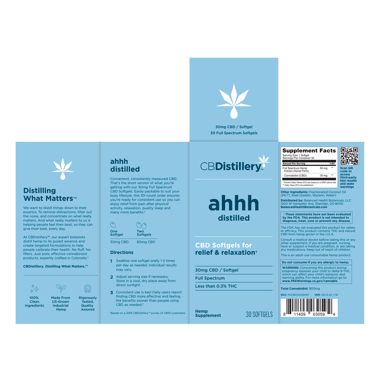 CBDistillery, Ahhh Distilled CBD Softgels for Relief & Relaxation, Full Spectrum, 30ct, 900mg CBD