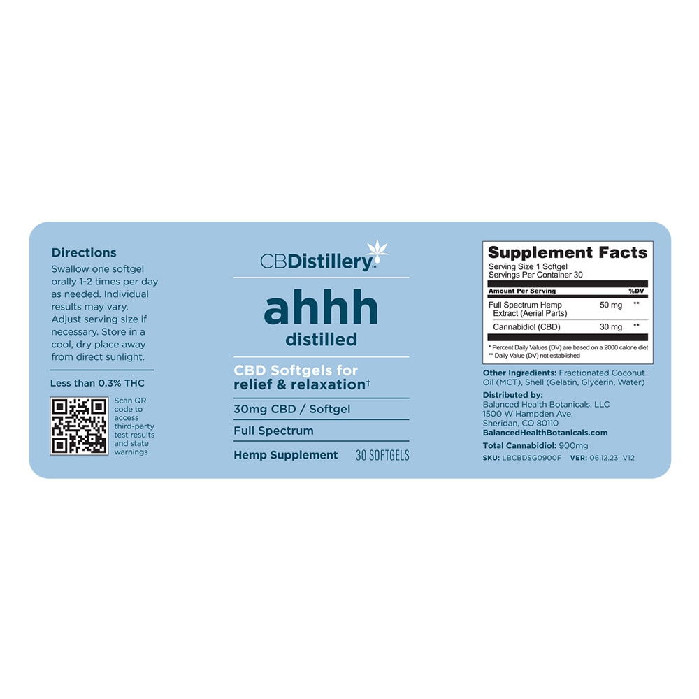CBDistillery, Ahhh Distilled CBD Softgels for Relief & Relaxation, Full Spectrum, 30ct, 900mg CBD