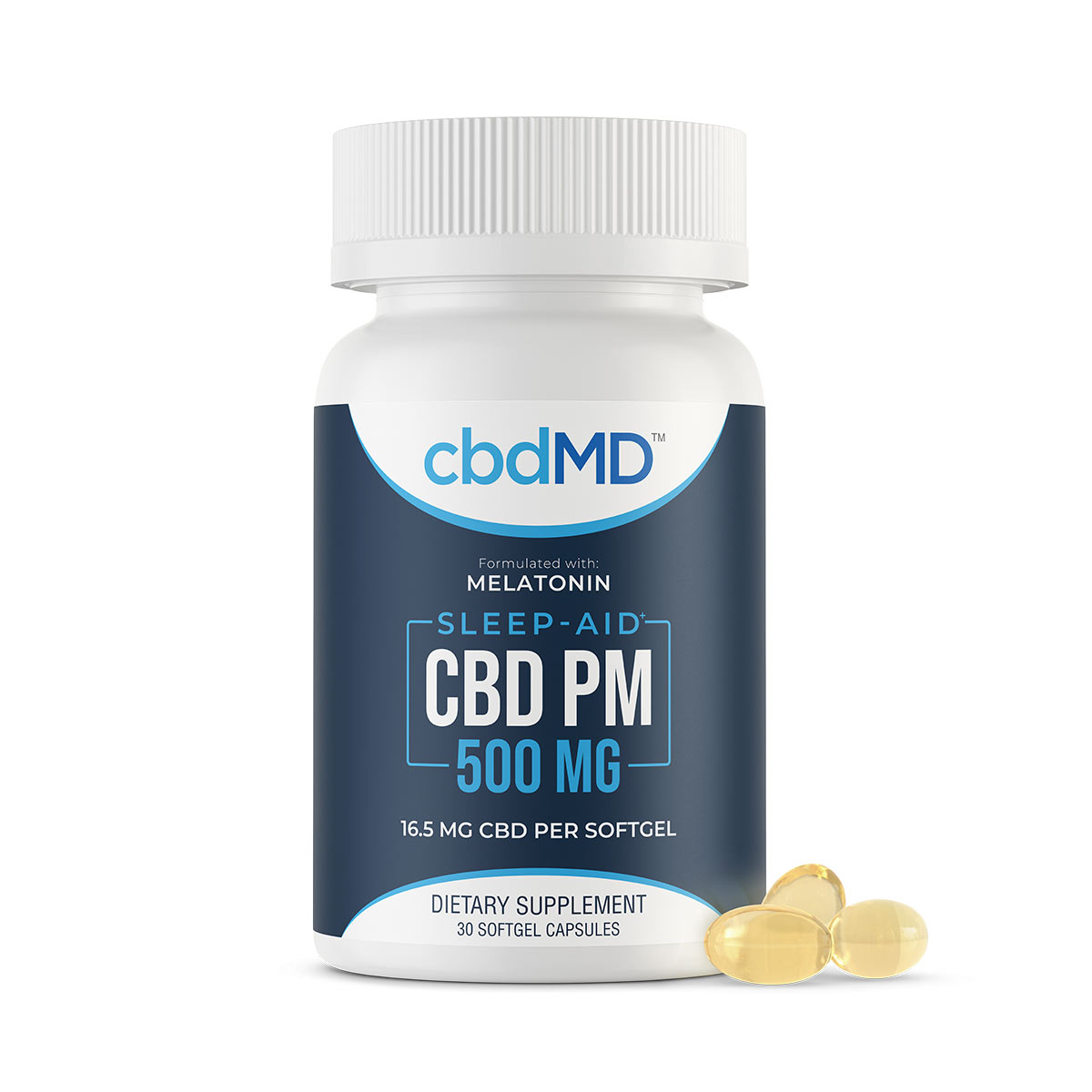 cbdMD, CBD PM Softgel Capsules, Broad Spectrum THC-Free, 30-Count 1oz, 500mg of CBD