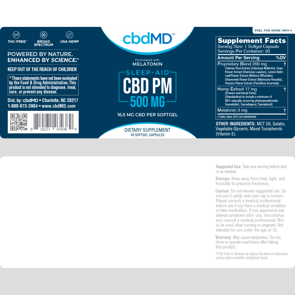 cbdMD, CBD PM Softgel Melatonin Capsules, Broad Spectrum THCFree, 30ct