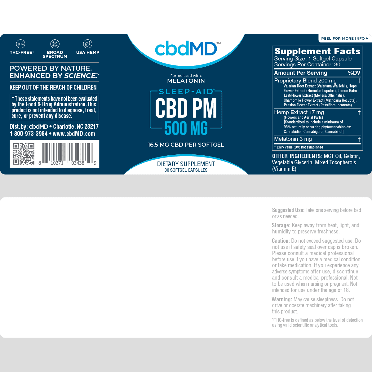 cbdMD, CBD PM Softgel Capsules, Broad Spectrum THC-Free, 30-Count 1oz, 500mg of CBD