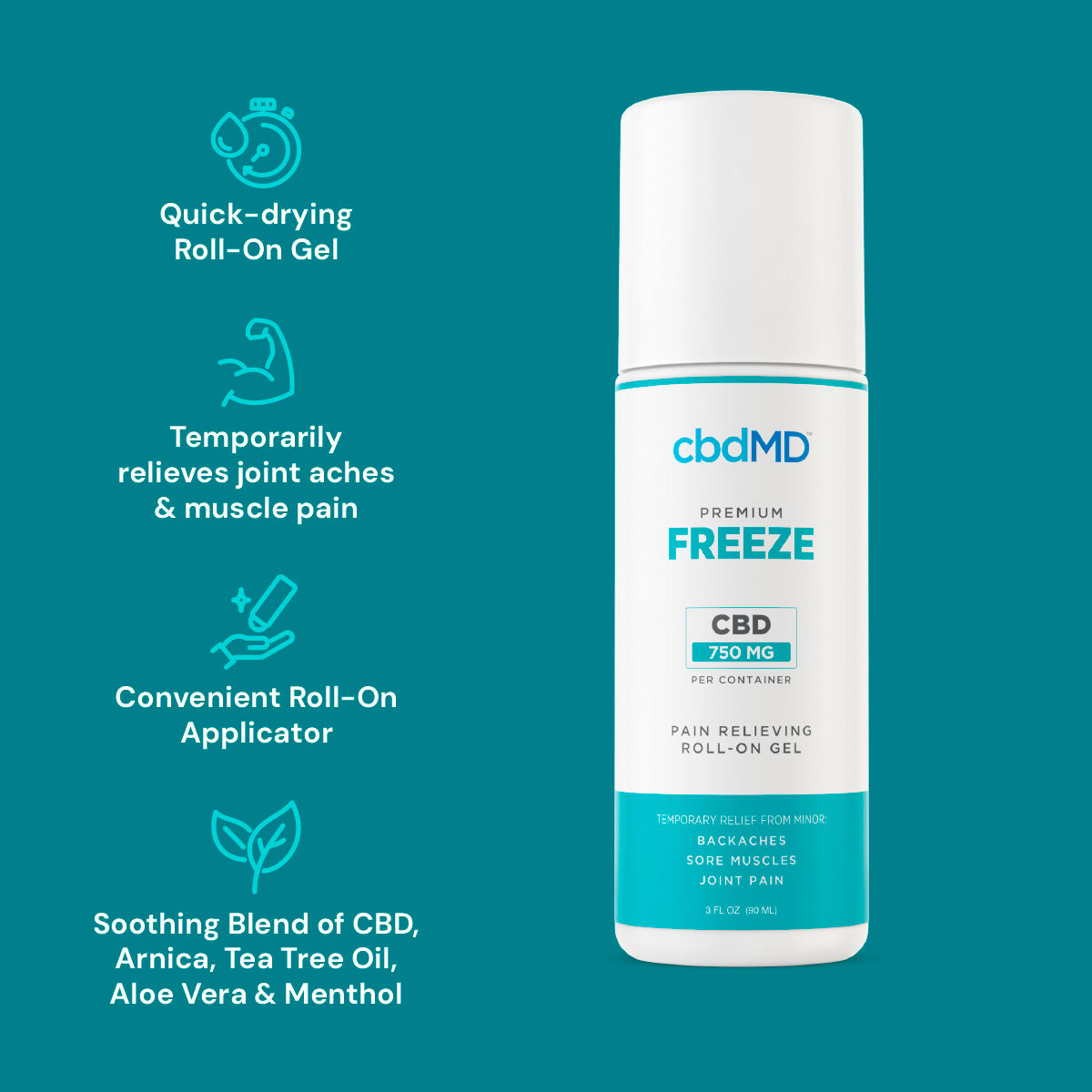 cbdMD, CBD Freeze Roller Gel, Broad Spectrum THC-Free, 3fl oz, 750mg CBD