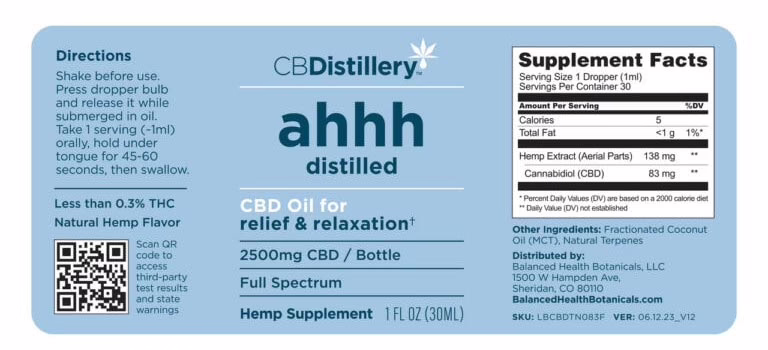 CBDistillery, Ahhh Distilled CBD Oil for Relief & Relaxation, Full Spectrum, 1fl oz, 2500mg CBD
