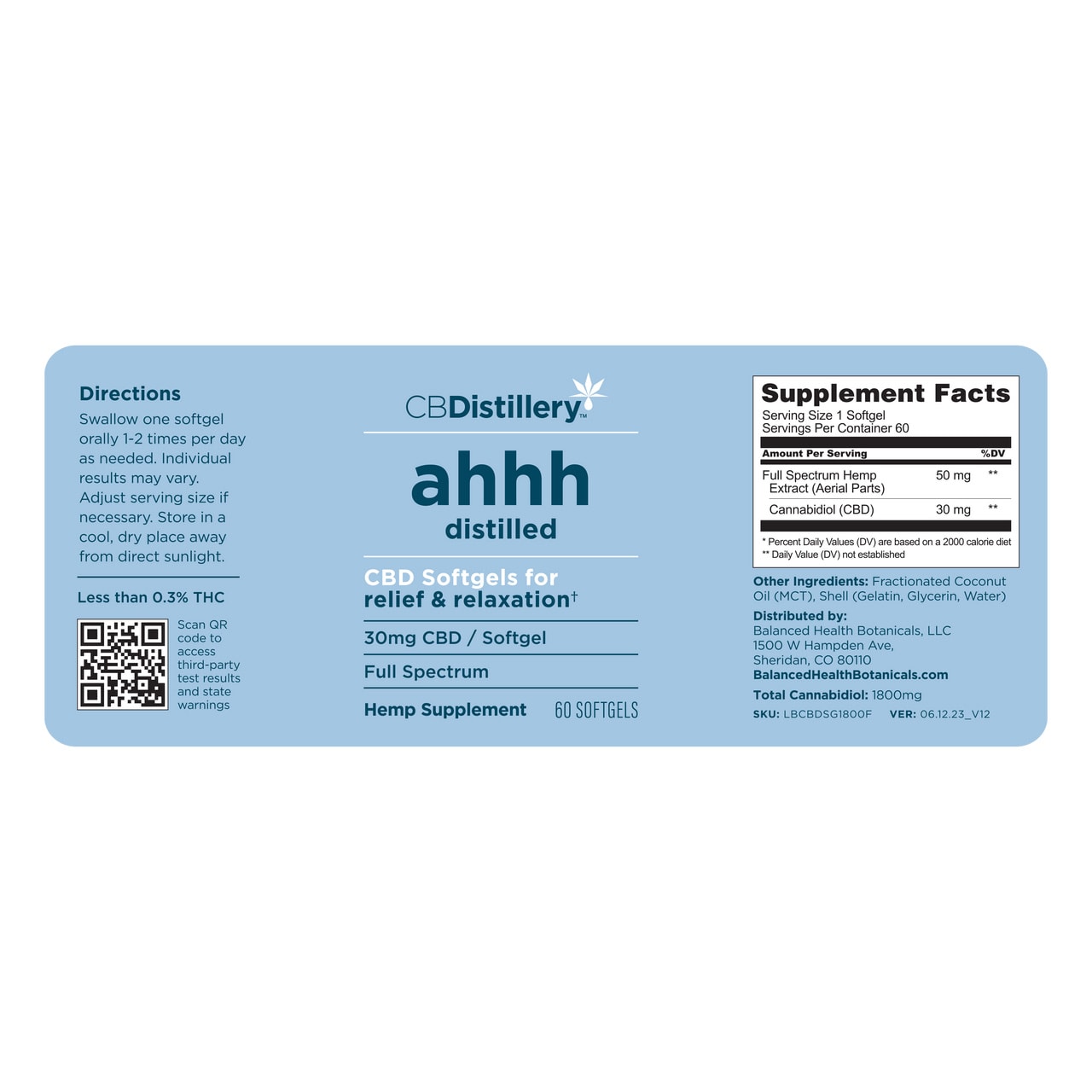 CBDistillery, Ahhh Distilled CBD Softgels For Relief & Relaxation, Full Spectrum, 60ct, 1800mg CBD