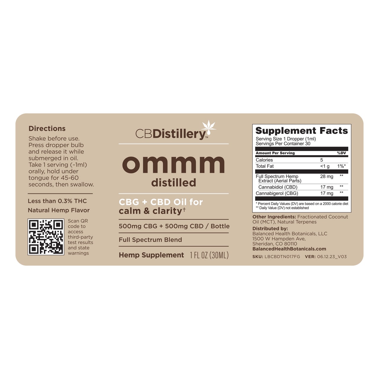 CBDistillery, Ommm Distilled CBG + CBD Oil For Calm & Clarity, Full Spectrum, 1oz, 500mg CBG and 500mg CBD