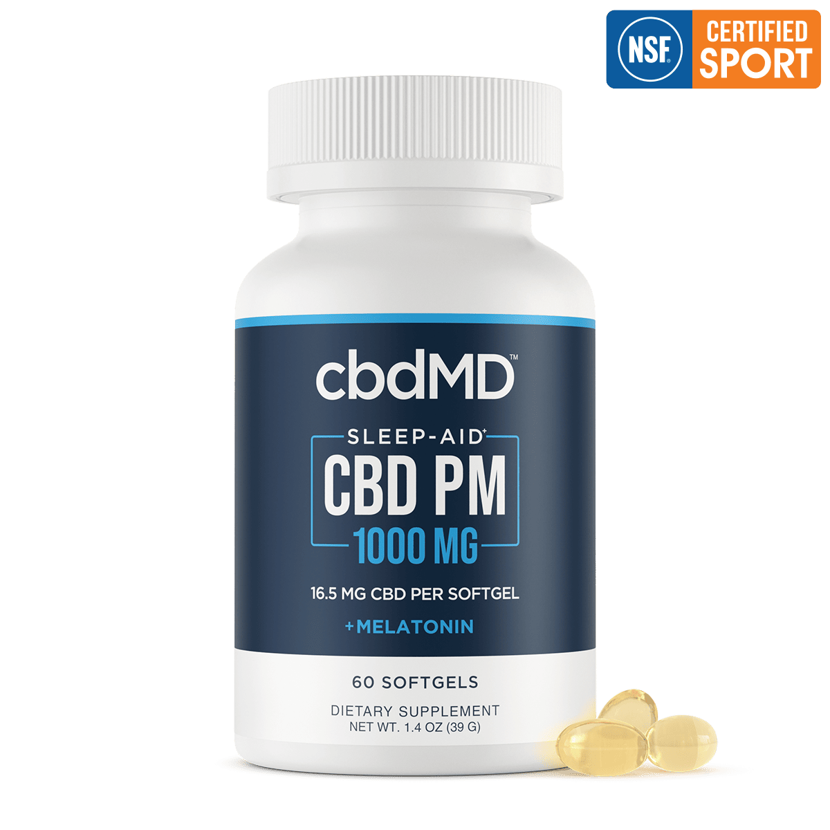 cbdMD, CBD PM Softgel Melatonin Capsules, Broad Spectrum THC-Free, 60ct, 1000mg CBD 1