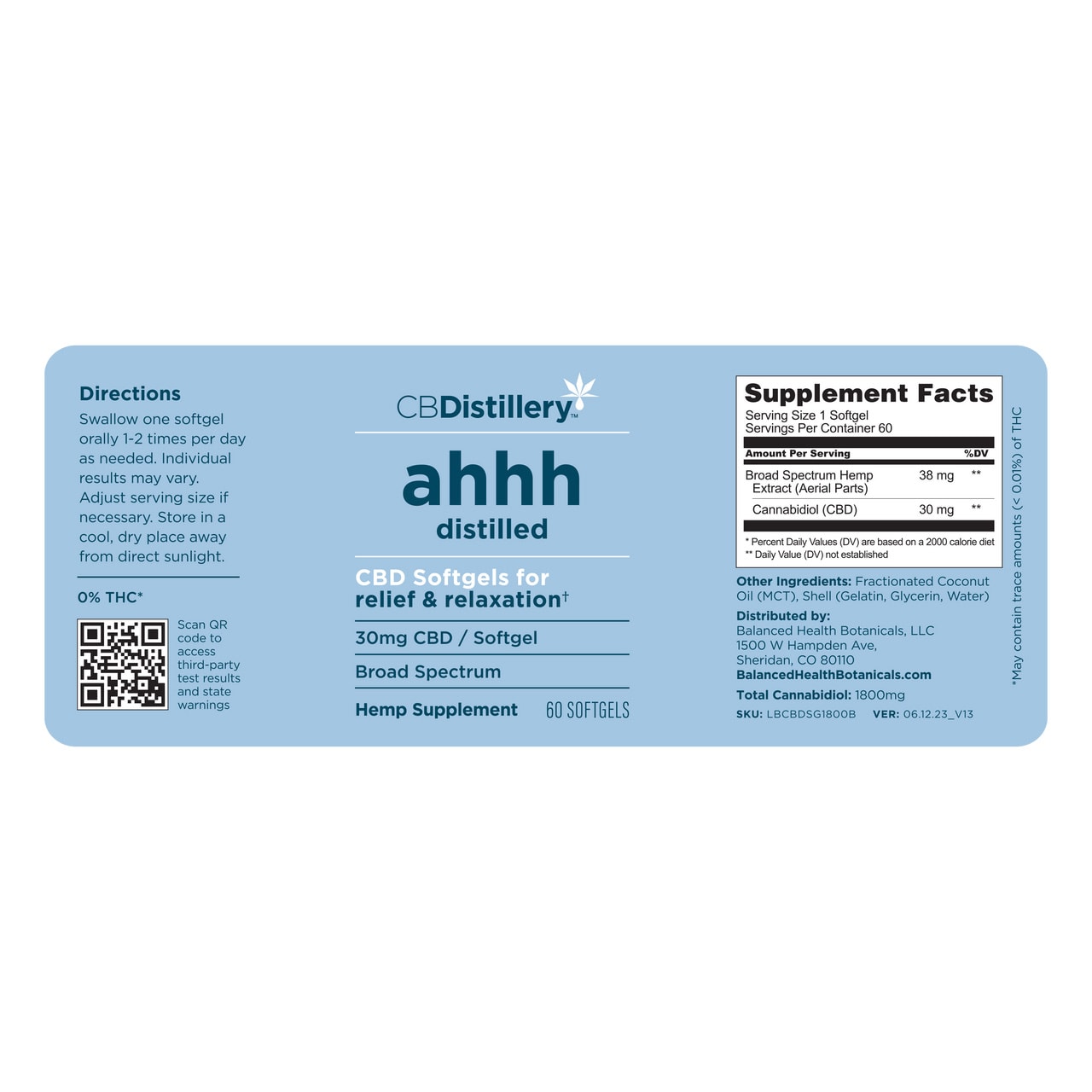 CBDistillery, Ahhh Distilled Broad Spectrum THC-Free CBD Softgels For Relief & Relaxation, 60ct, 1800mg CBD2