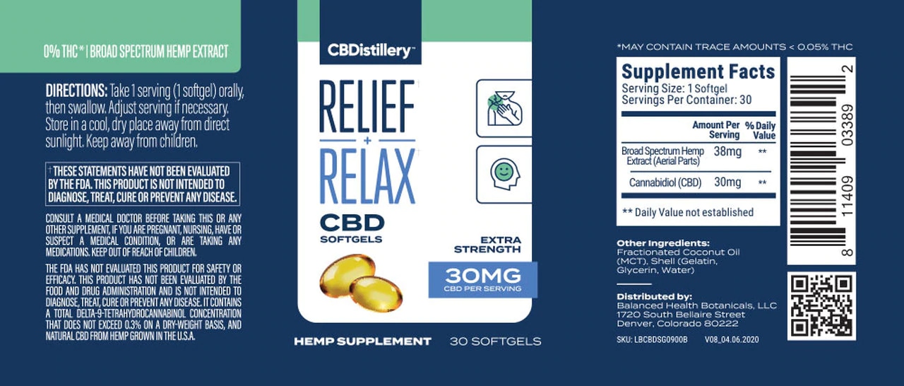 CBDistillery, Broad Spectrum CBD Softgels, THC-Free, 30-Count, 900mg of CBD