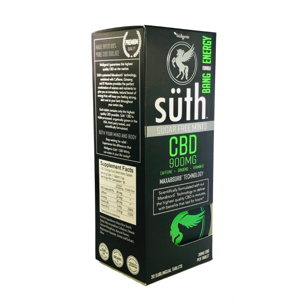 Suth, CBD Sublingual Mints, Bang Energy with Caffeine, 30 Count, 900mg of CBD