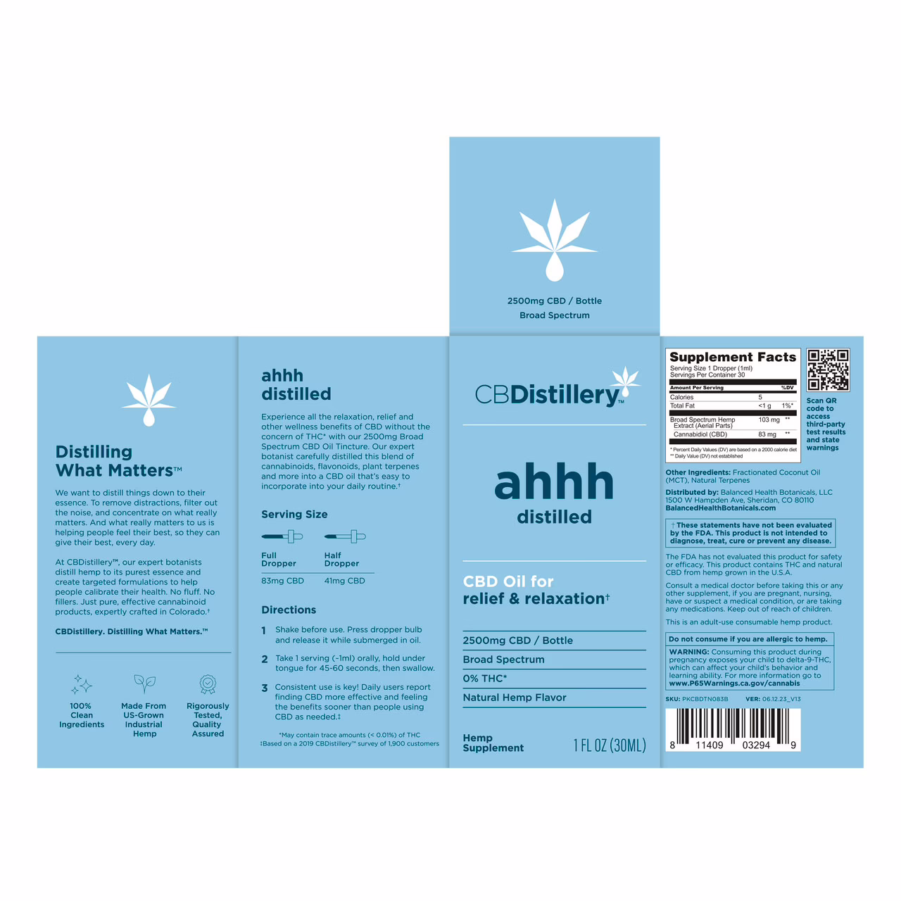 CBDistillery, Ahhh Distilled CBD Oil for Relief & Relaxation, Broad Spectrum THC-Free, 1fl oz, 2500mg CBD
