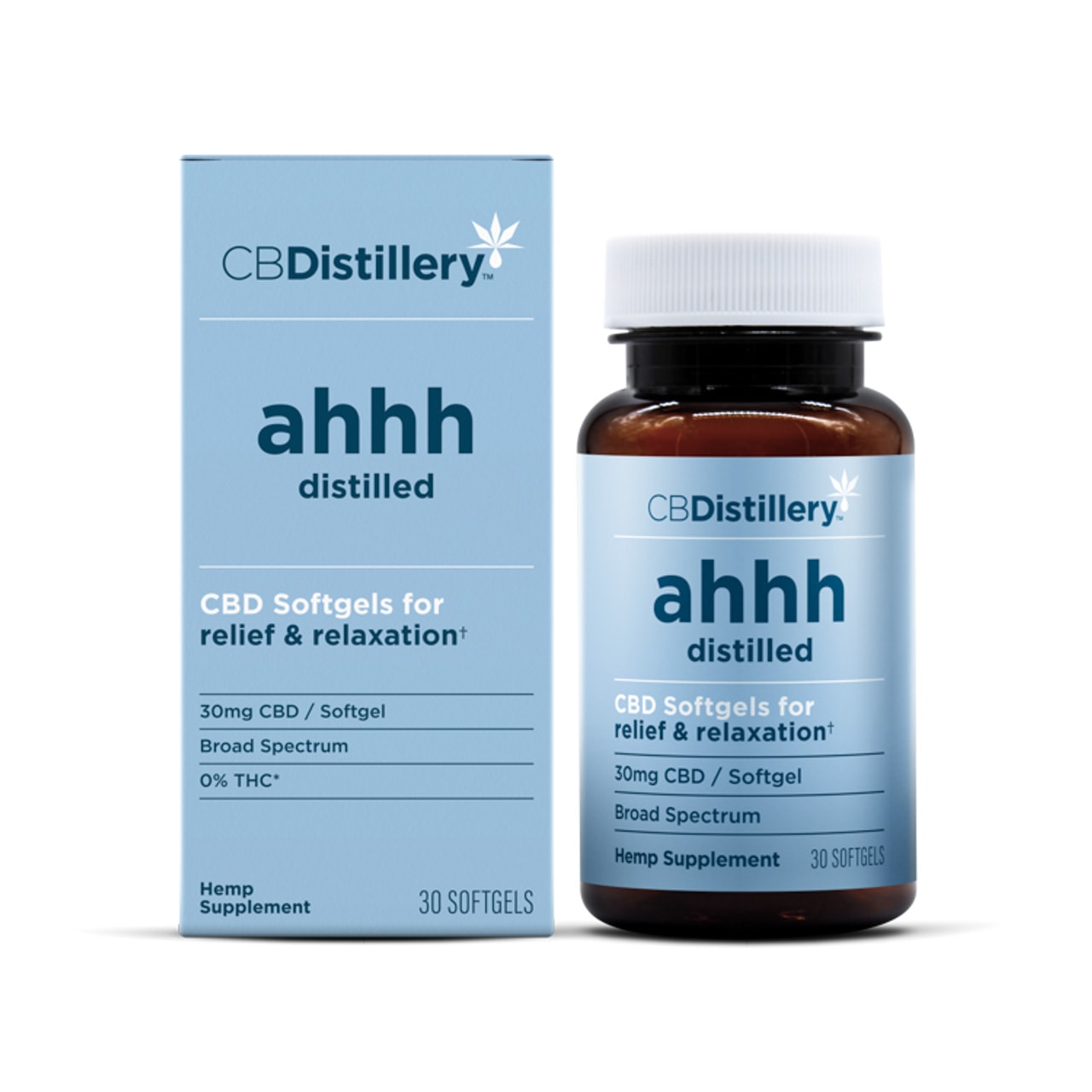 CBDistillery, Ahhh Distilled CBD Softgels for Relief & Relaxation, Broad Spectrum THC-Free, 30ct, 900mg CBD