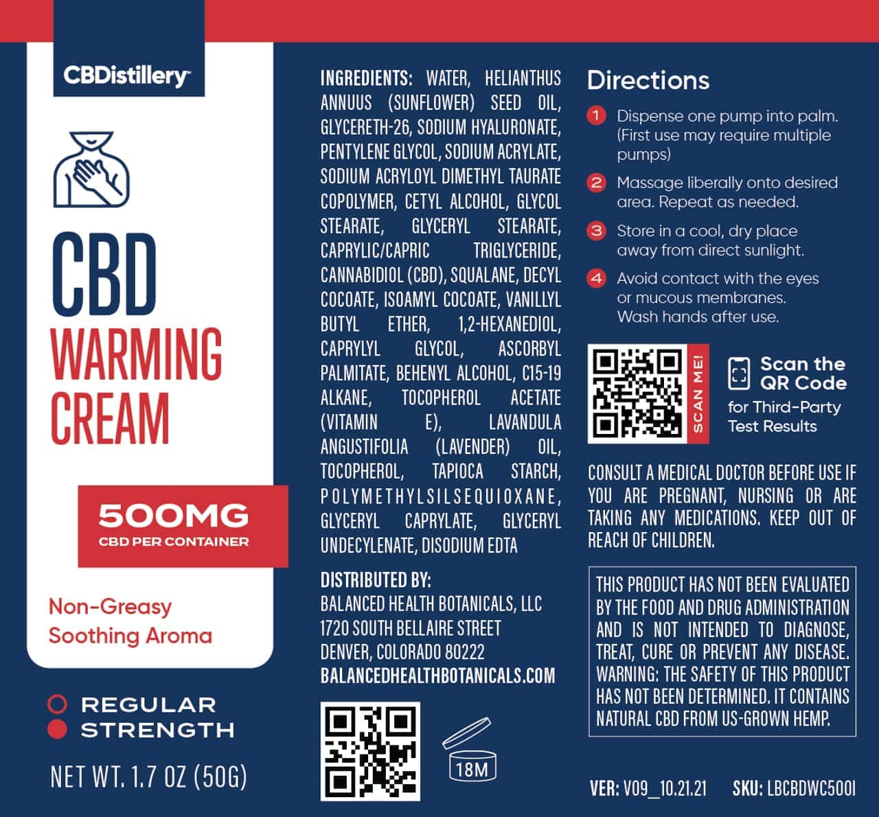 CBDistillery, CBD Warming Cream, Isolate THC-Free, 500mg CBD