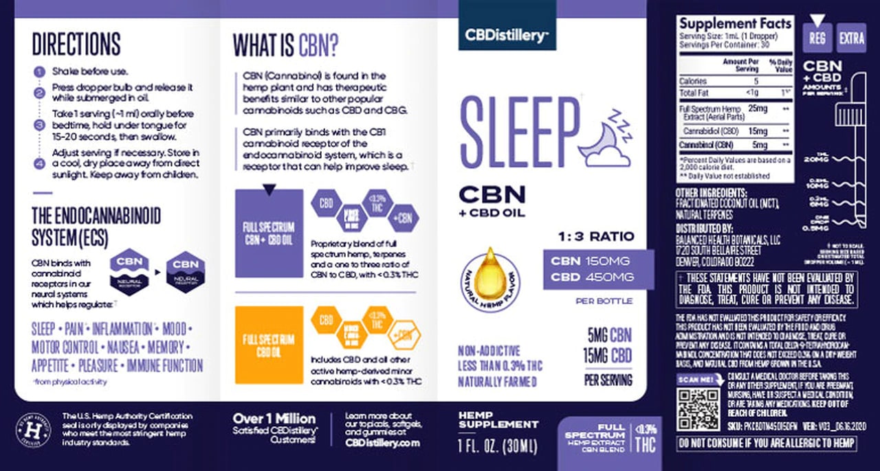 CBDistillery, CBN + CBD Sleep Tincture 1:3, Full Spectrum, 1oz, 150mg ...