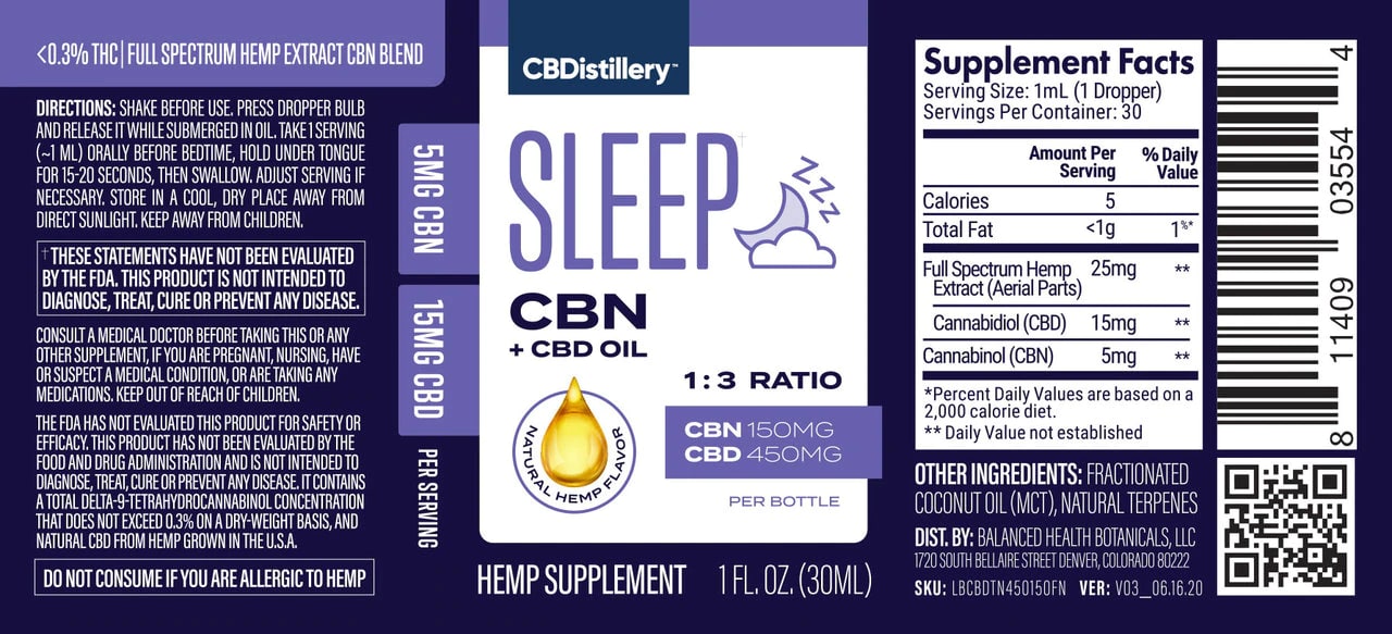 CBDistillery, CBN + CBD Sleep Tincture 1:3, Full Spectrum, 1oz, 150mg ...