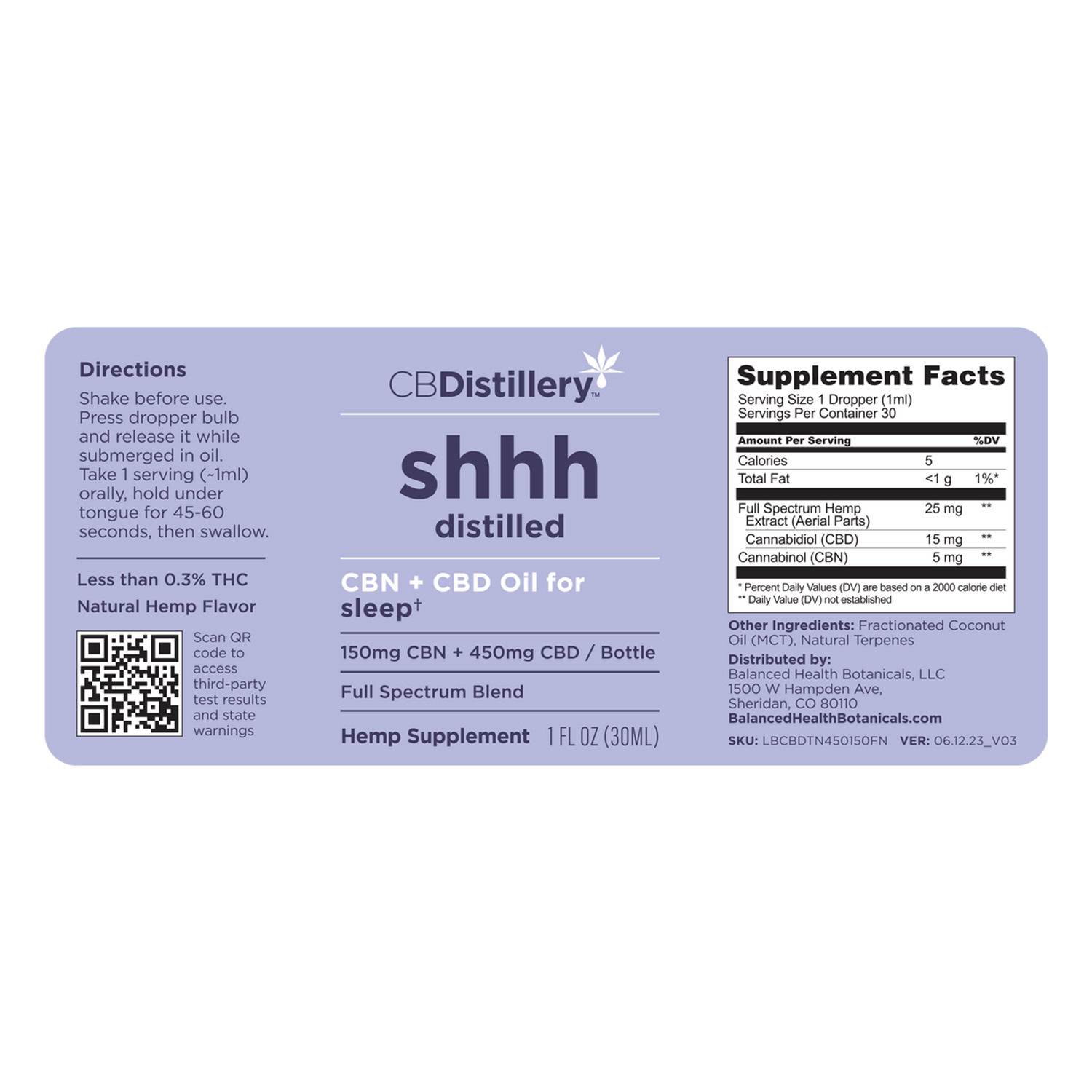 CBDistillery, Shhh Distilled CBN + CBD Oil for Sleep, Full Spectrum, 1oz, 150mg CBN and 450mg CBD