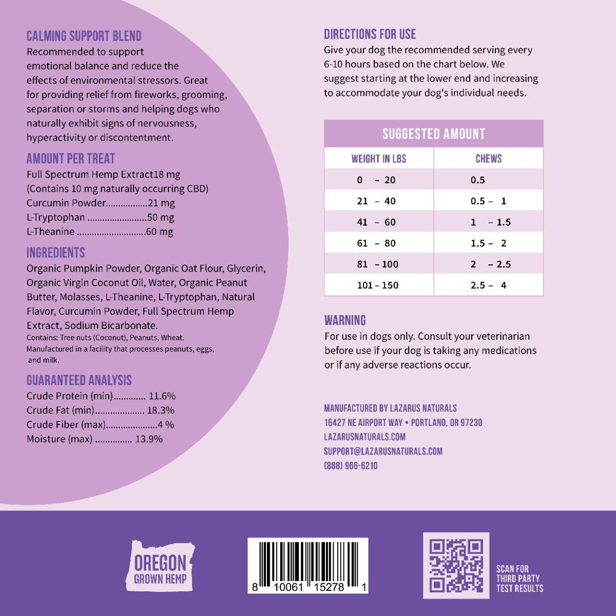 Lazarus Naturals, Calming Support CBD Dog Chews, Full Spectrum, 30ct, 300mg CBD