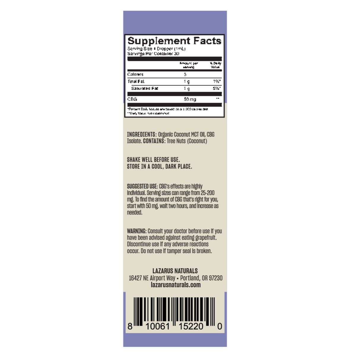 Lazarus Naturals, Flavorless High Potency CBG Isolate Tincture, 1oz, 1500mg of CBG 1