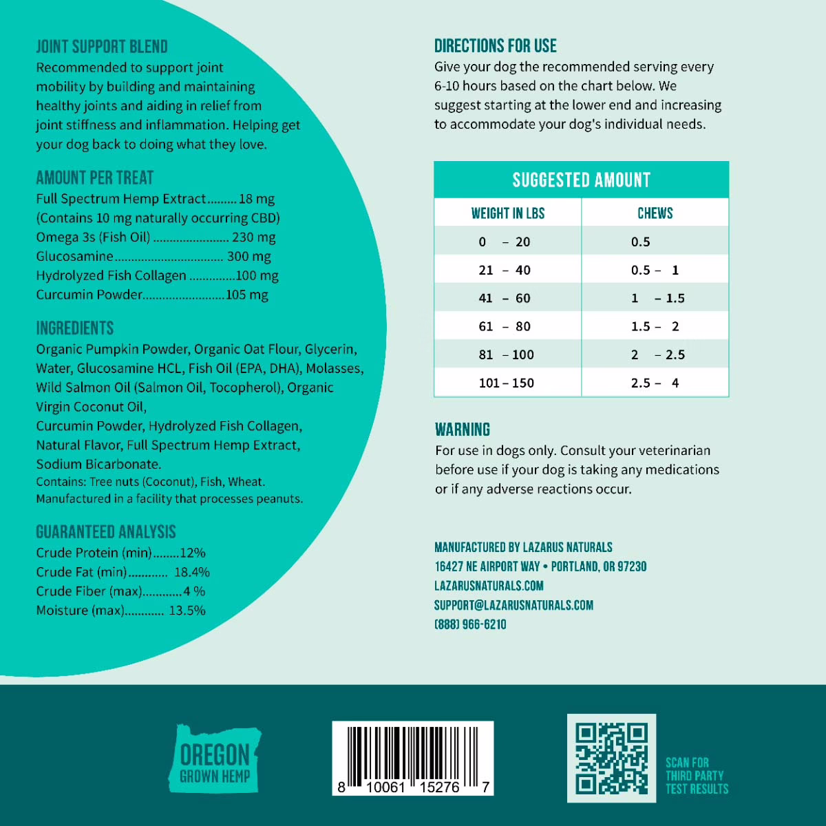 Lazarus Naturals, Joint Support CBD Dog Chews, Full Spectrum, 30ct, 300mg CBD