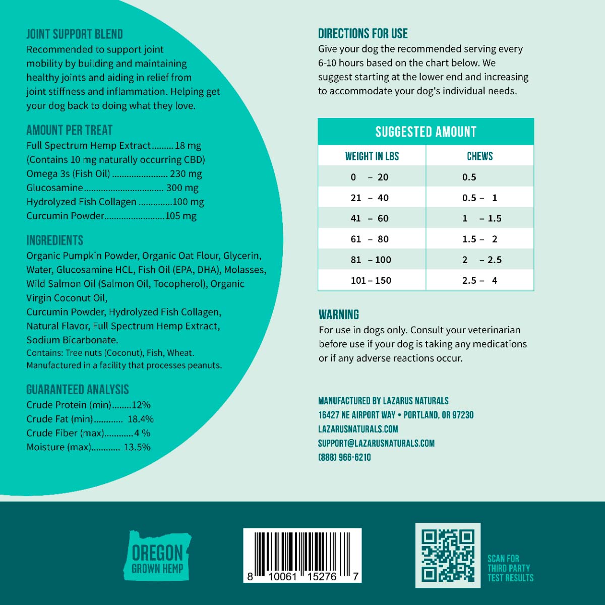 Lazarus Naturals, Joint Support CBD Dog Chews, Full Spectrum, 30ct, 300mg CBD