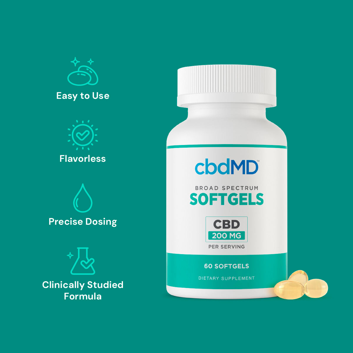 cbdMD, CBD Oil Softgels 200mg, Broad Spectrum THC-Free, 60ct, 6000mg CBD