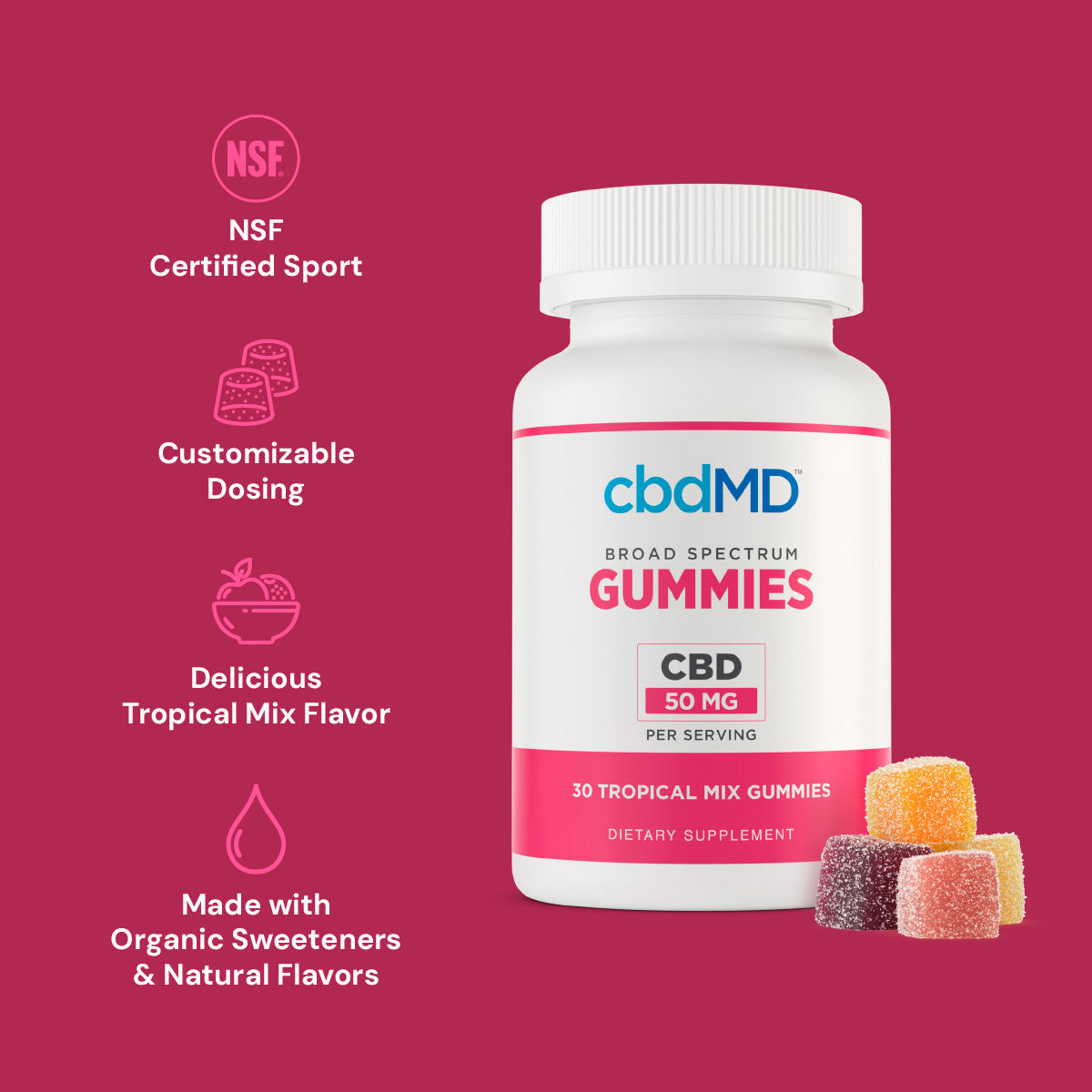 cbdMD, CBD Gummies, Broad Spectrum THC-Free, 30ct, 1500mg CBD