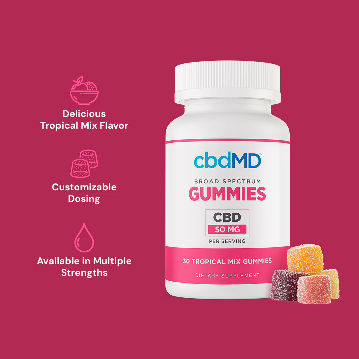 cbdMD, CBD Gummies, Broad Spectrum THC-Free, 30ct, 1500mg CBD