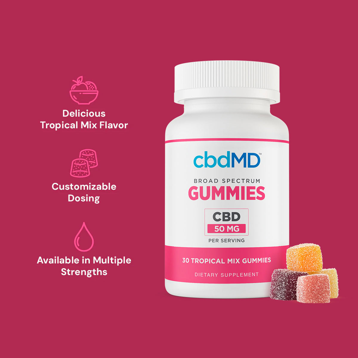 cbdMD, CBD Gummies, Broad Spectrum THC-Free, 30ct, 1500mg CBD