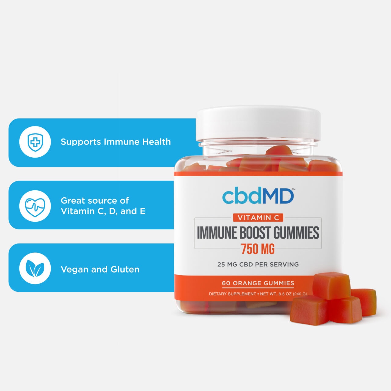 cbdMD, CBD Immune Boost Gummies with Vitamin C, Broad Spectrum THC-Free, 60-Count, 750mg CBD 1