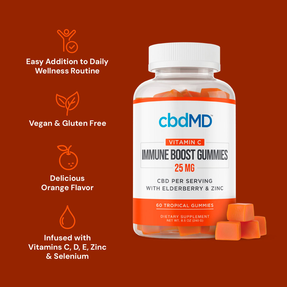 cbdMD, CBD Immune Boost Gummies with Vitamin C, Broad Spectrum THC-Free, 60ct, 750mg CBD