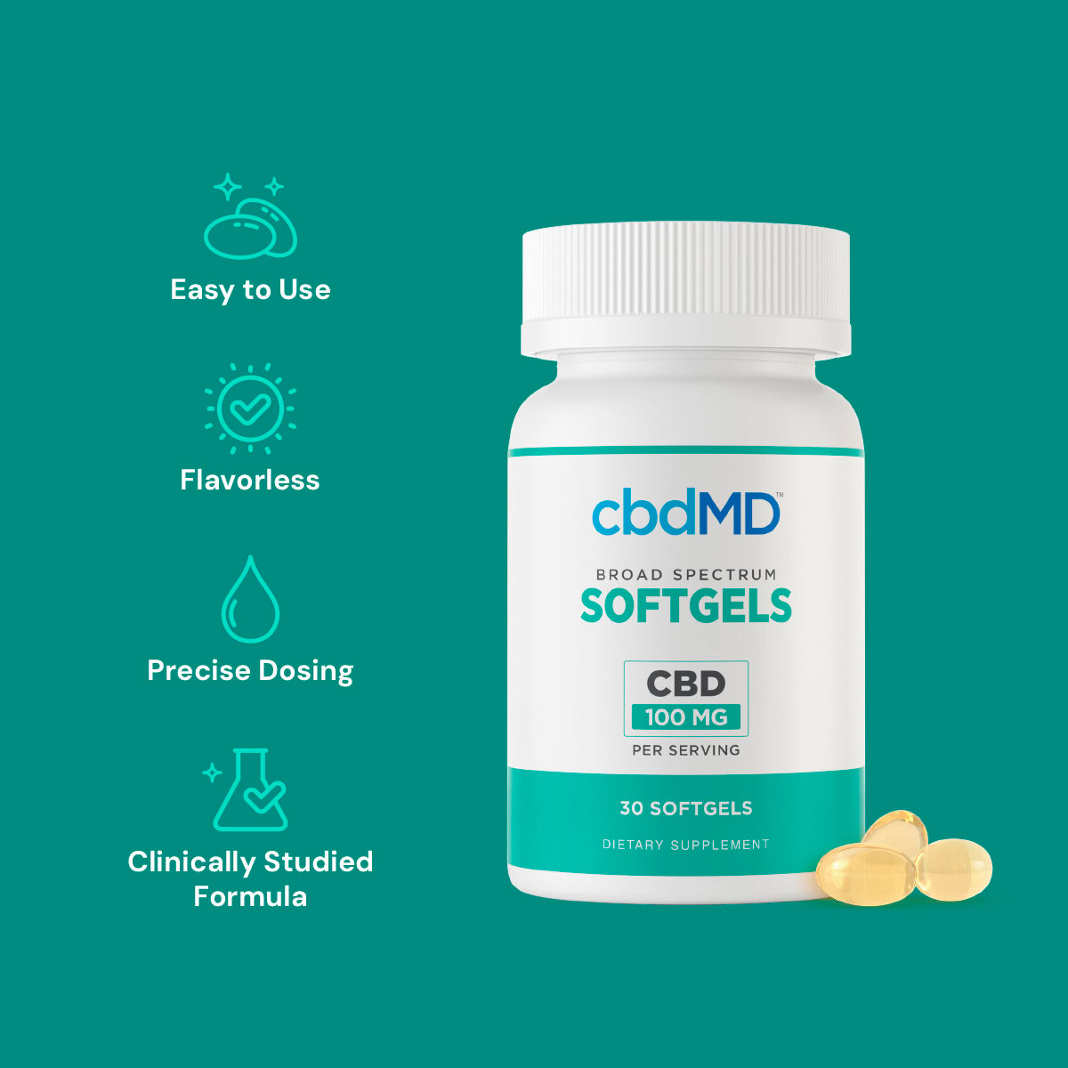 cbdMD, CBD Oil Softgels 100mg, Broad Spectrum THC-Free, 30ct, 3000mg CBD