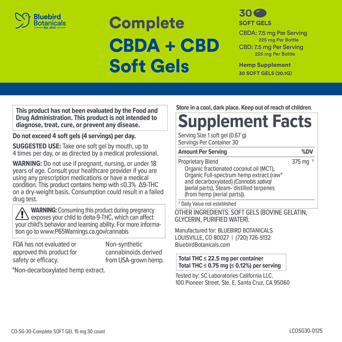 Bluebird Botanicals, Complete CBD + CBDA Oil Softgels, Full Spectrum, 30ct, 225mg CBDA + 225mg CBD