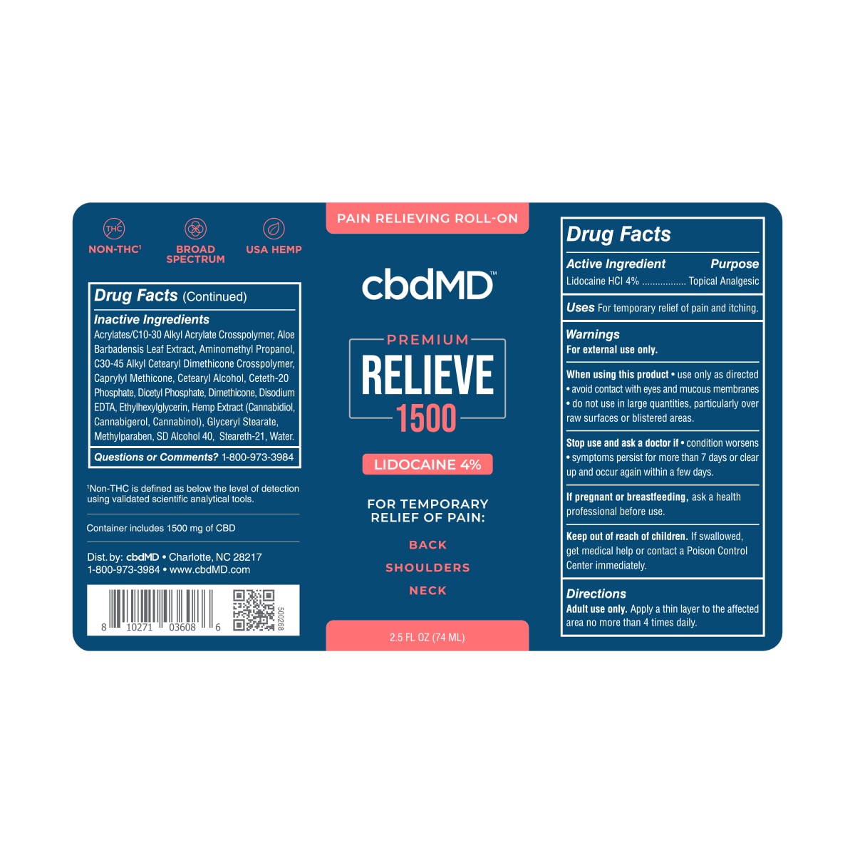 cbdMD, CBD Lidocaine Roll-On, Broad Spectrum THC-Free, 2.5oz, 1500mg of CBD