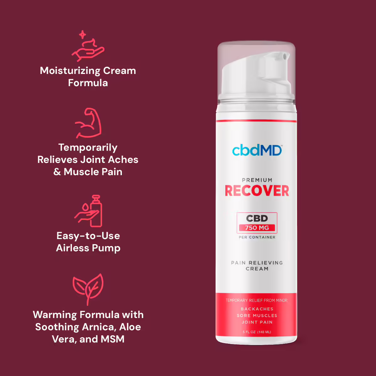 cbdMD, CBD Recover Pump, Broad Spectrum THC-Free, 5fl oz, 750mg CBD