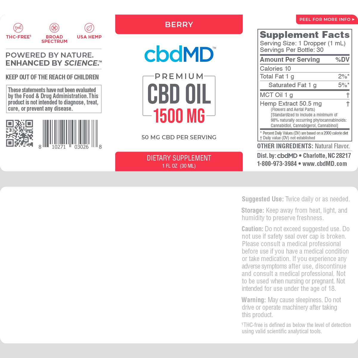 cbdMD, CBD Oil Tincture, Broad Spectrum THC-Free, Berry, 1oz, 1500mg of CBD
