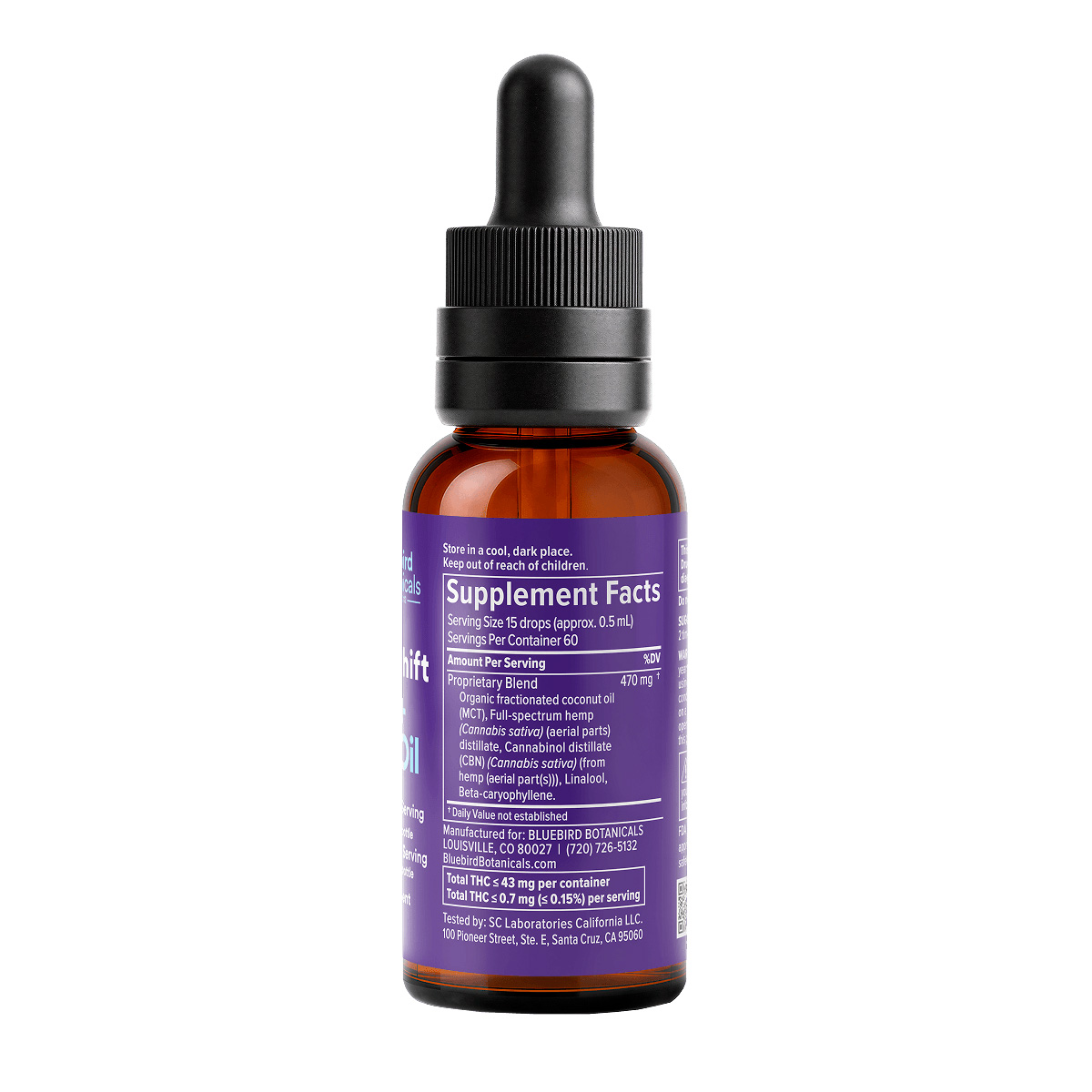Bluebird Botanicals, Downshift CBN + CBD Oil, Full Spectrum, 1fl oz, 720mg CBD + 180mg CBN